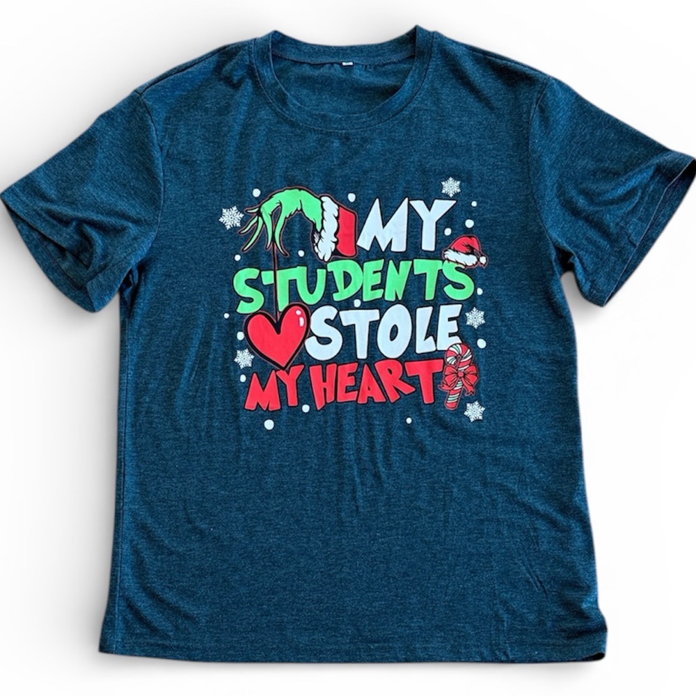 “MY STUDENTS STOLE MY HEART” CHRISTMAS TEACHER TSHIRT BLUE-GREEN STRETCHY MEDIUM